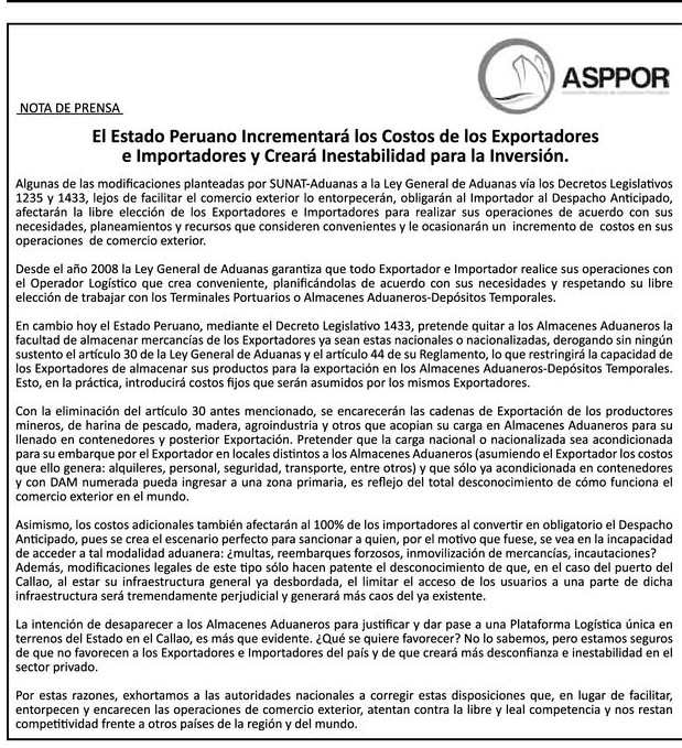 El Estado Peruano Incrementará los Costos de los Exportadores e Importadores y Creará Inestabilidad para la Inversión