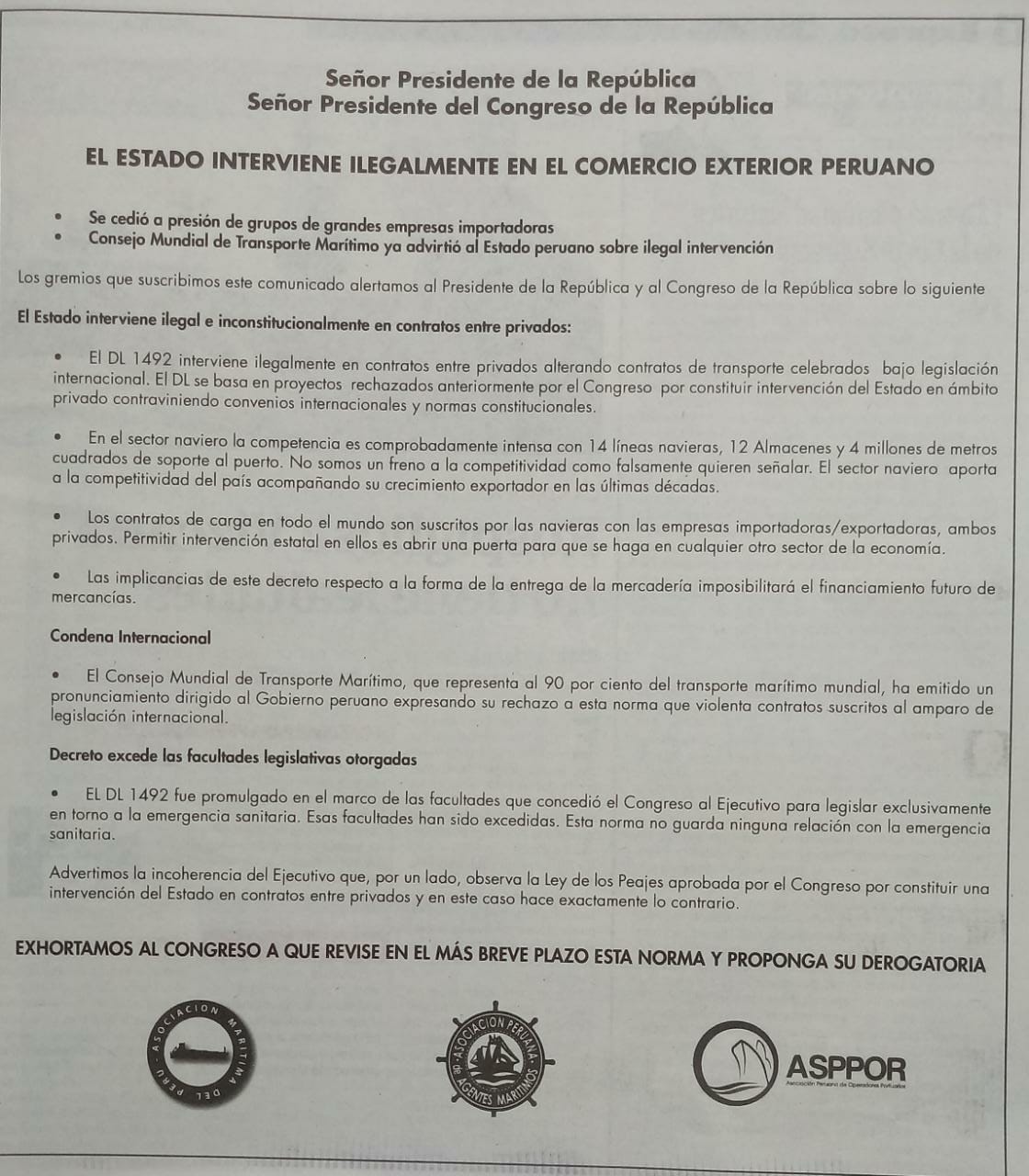 EL ESTADO INTERVIENE ILEGALMENTE EN EL COMERCIO EXTERIOR PERUANO