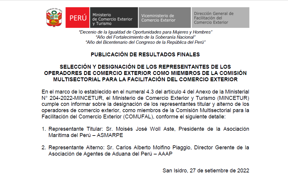 SELECCIÓN Y DESIGNACIÓN DE LOS REPRESENTANTES DE LOS  OPERADORES DE COMERCIO EXTERIOR COMO MIEMBROS DE LA COMISIÓN  MULTISECTORIAL PARA LA FACILITACIÓN DEL COMERCIO EXTERIOR